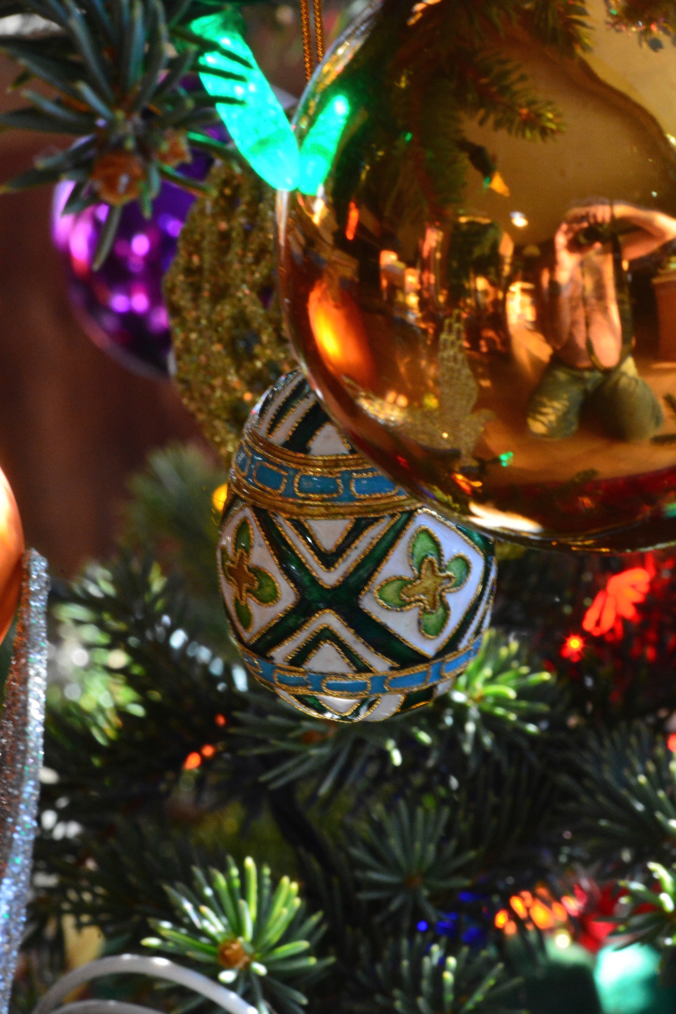 Christmas tree ornament closeup by night